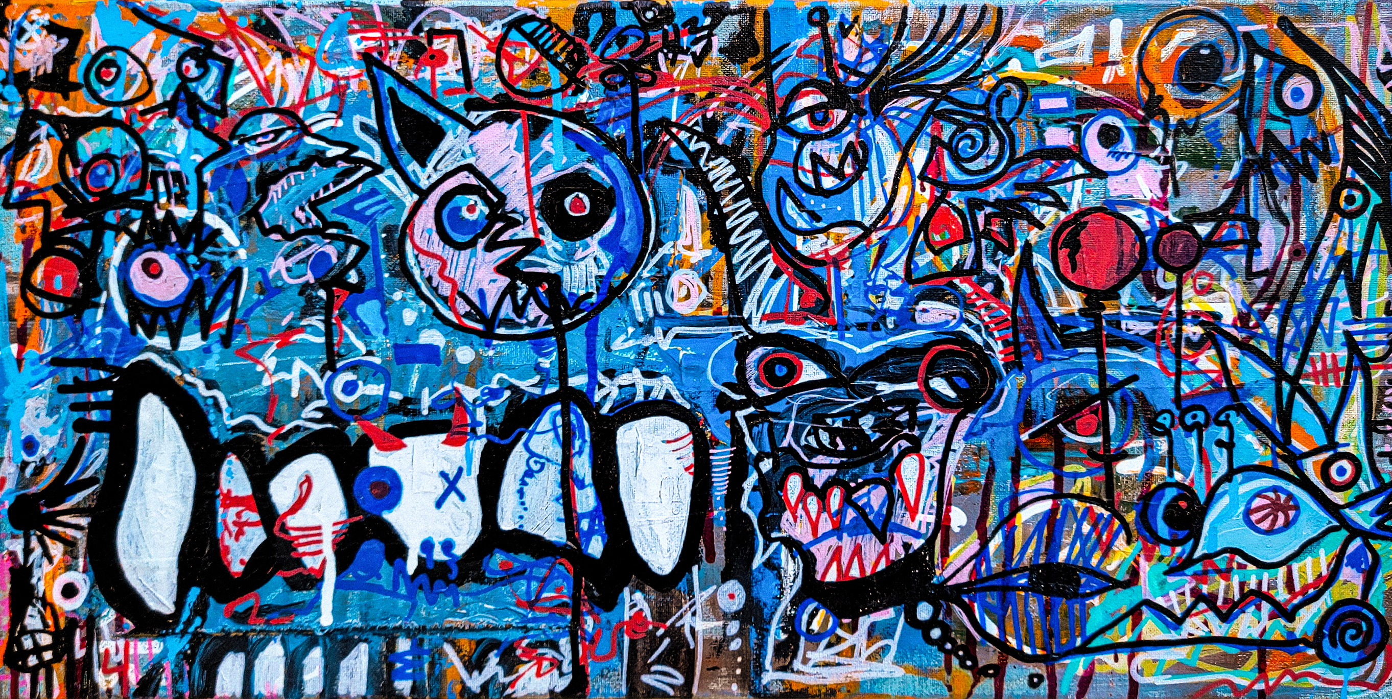 Wide panoramic painting of multiple grinning blue skull-like creatures with large white teeth by Michael MacDonald