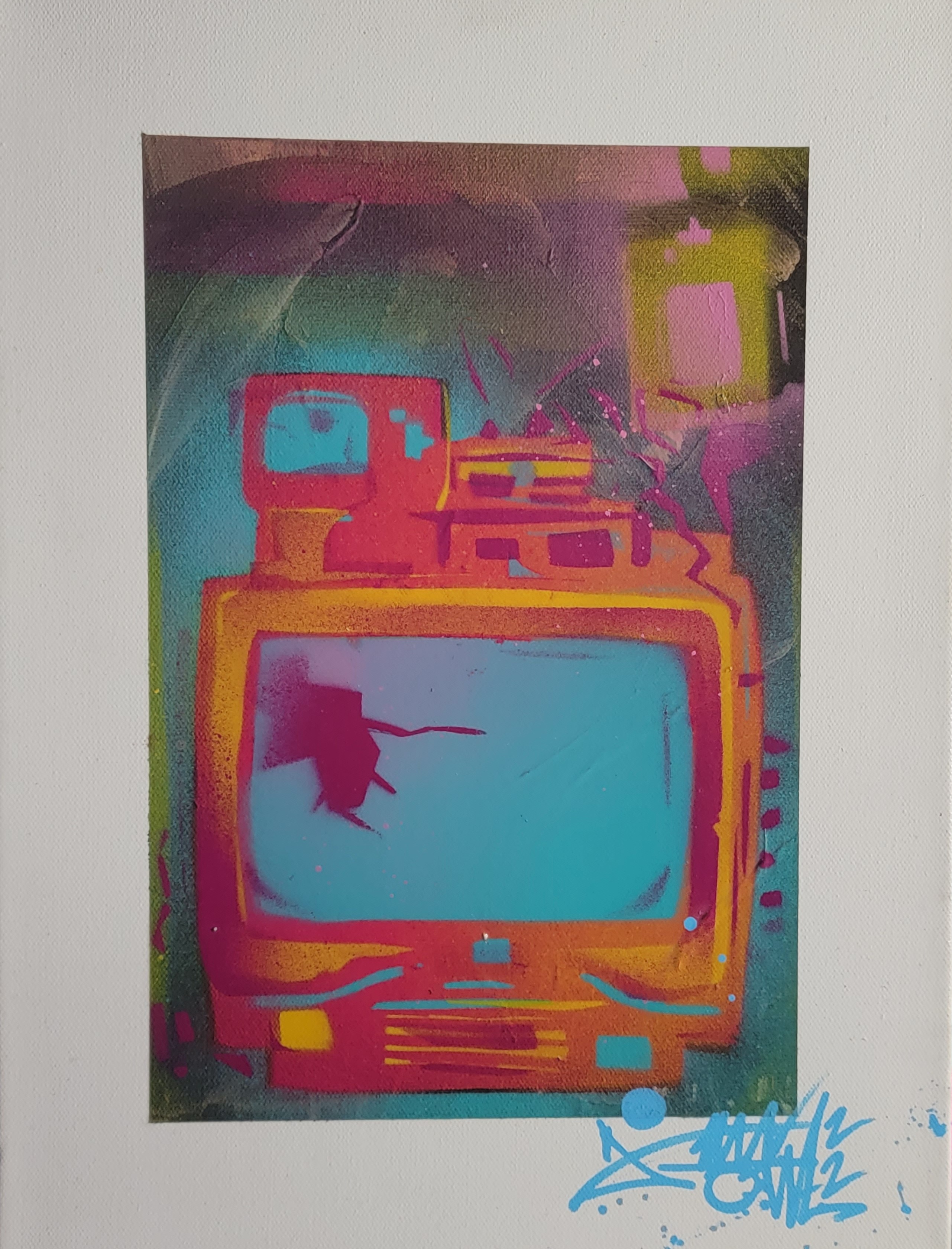 Stenciled vintage TV in hot pink, orange, and cyan with cracked glowing screen by Michael MacDonald