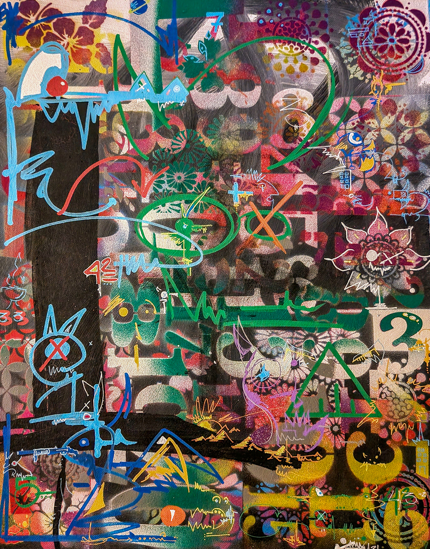 Dense mixed-media painting with stenciled flowers, mandalas, and glyphs in green, blue, and pink by Michael MacDonald