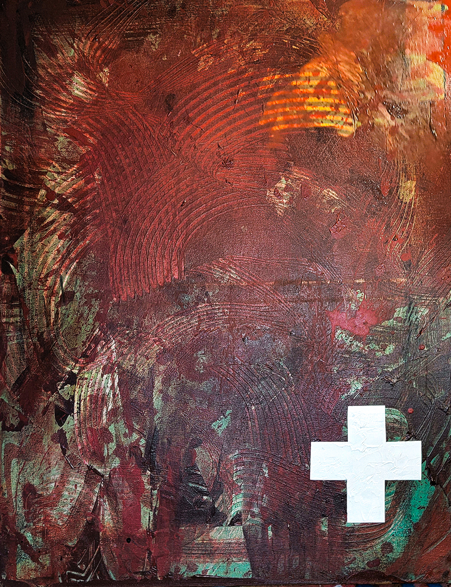 Dark crimson textured abstract painting with combed arcs and a white cross in lower right by Michael MacDonald