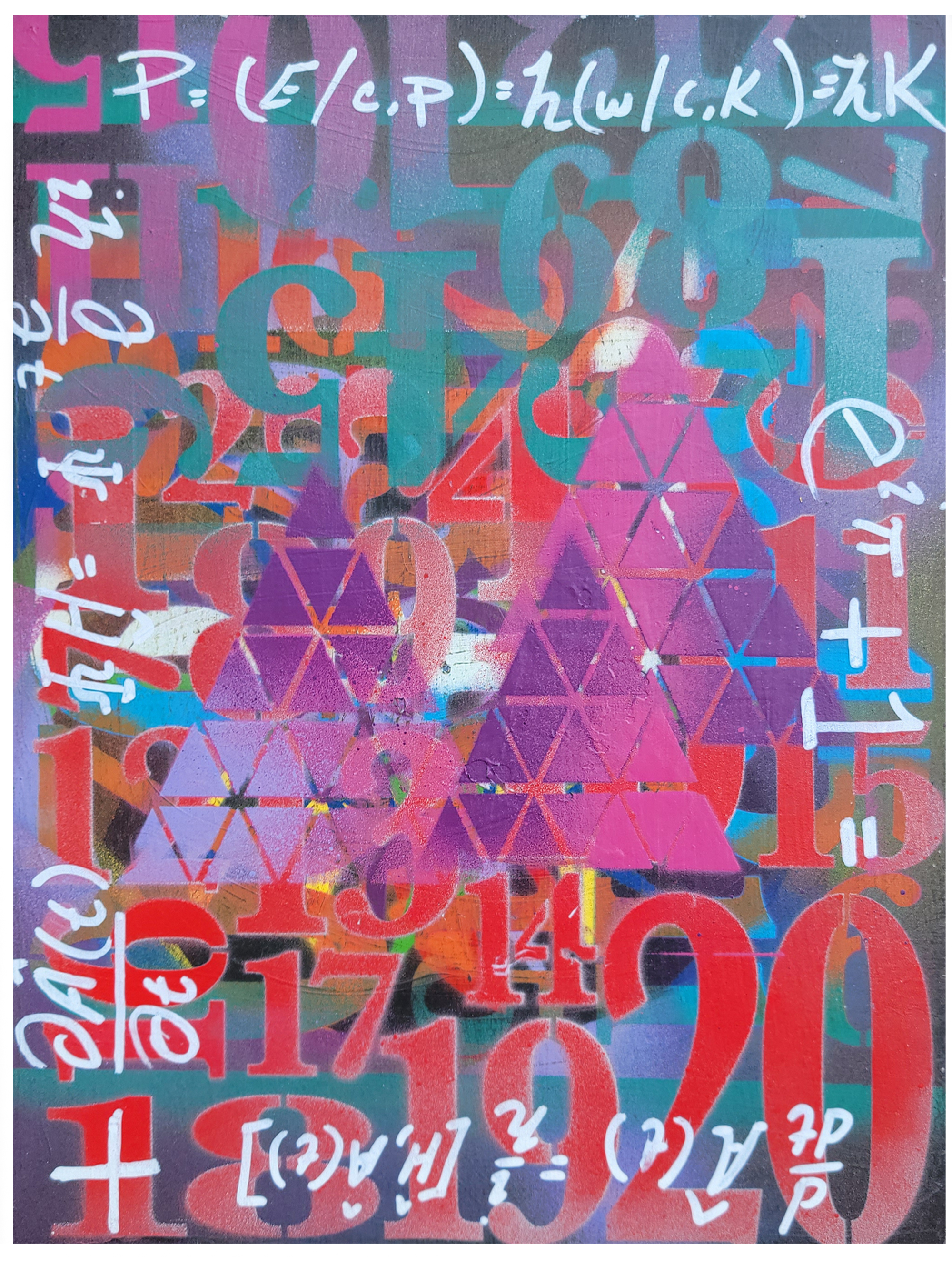 Dense layered painting of numbers, equations, and triangle grids in magenta, red, and cyan by Michael MacDonald