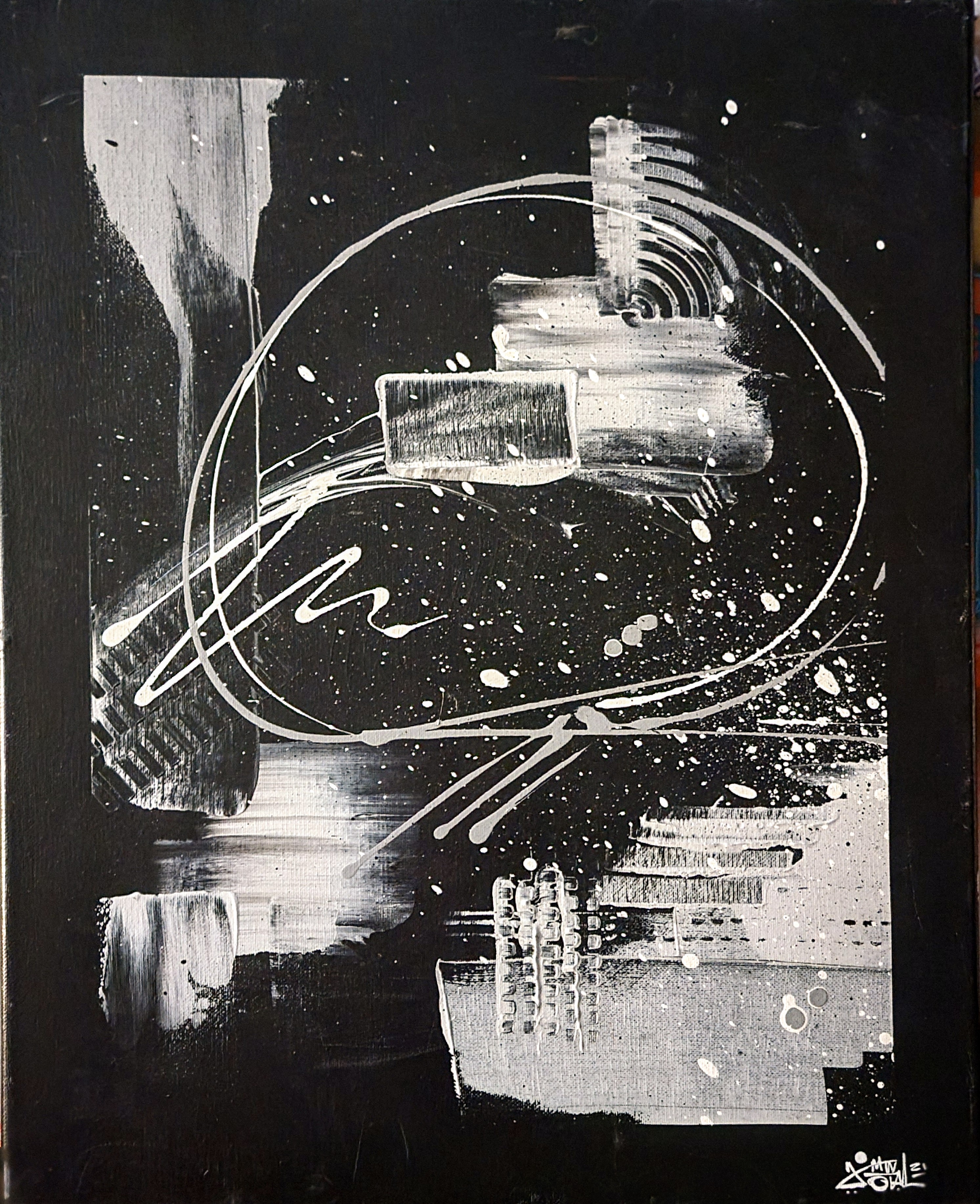Black and white abstract painting with sweeping white circular arcs and splatter on black ground by Michael MacDonald