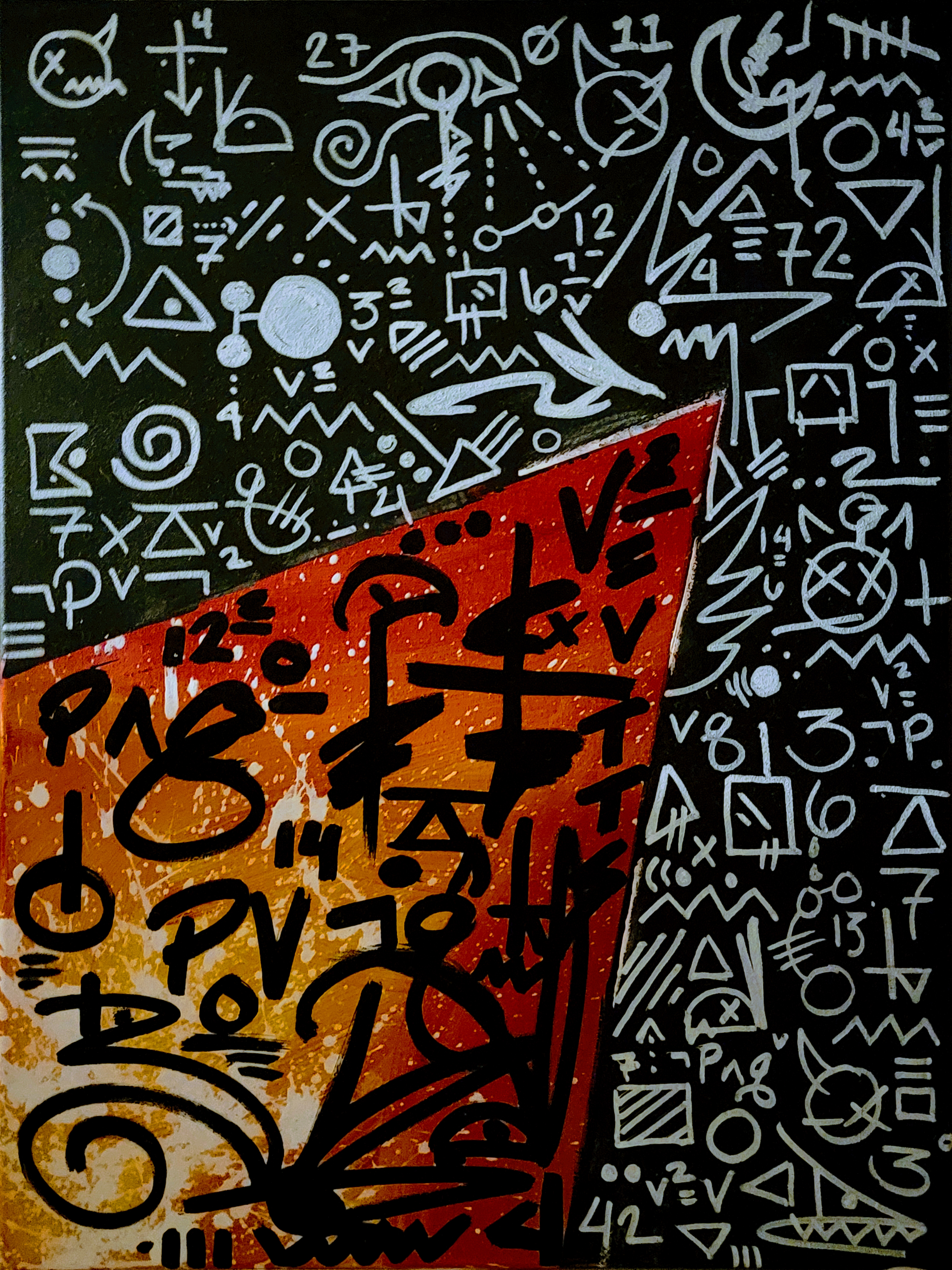 Dense white symbols, glyphs, and numbers on black ground with blood-red geometric form by Michael MacDonald