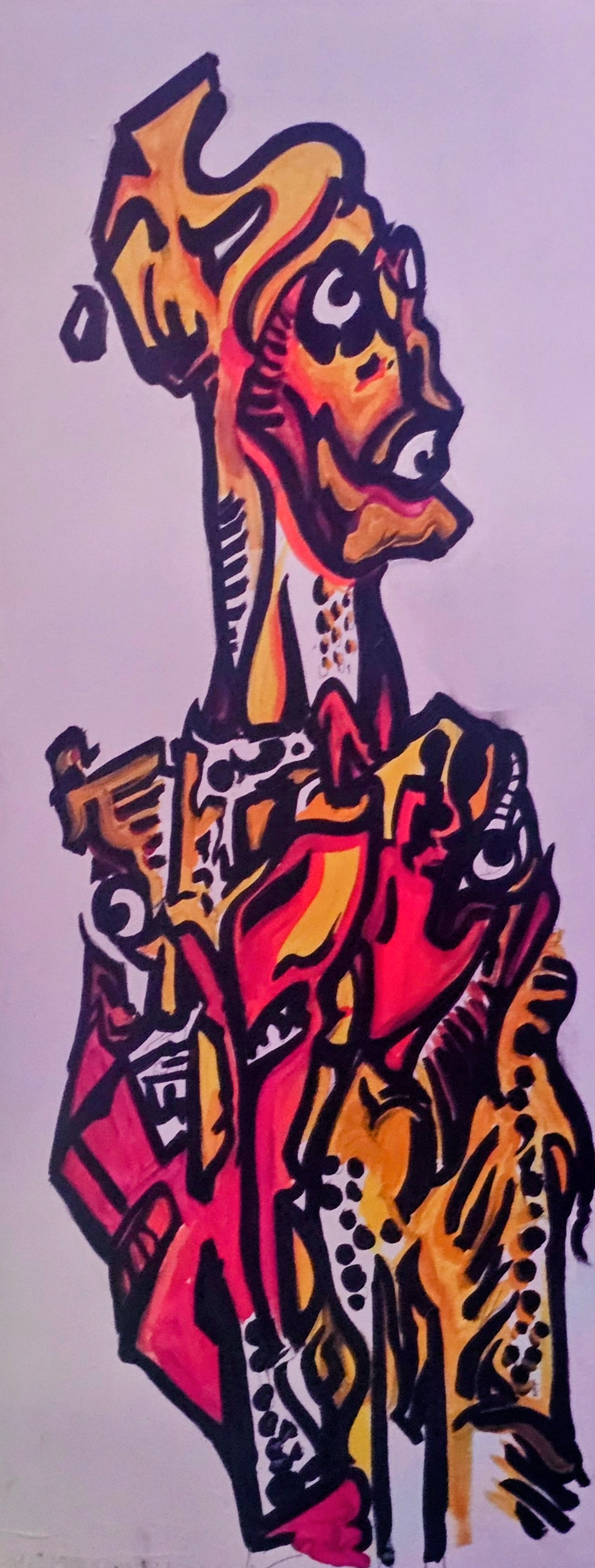 Tall cubist figure in amber, magenta, and black with elongated neck on lavender background by Michael MacDonald