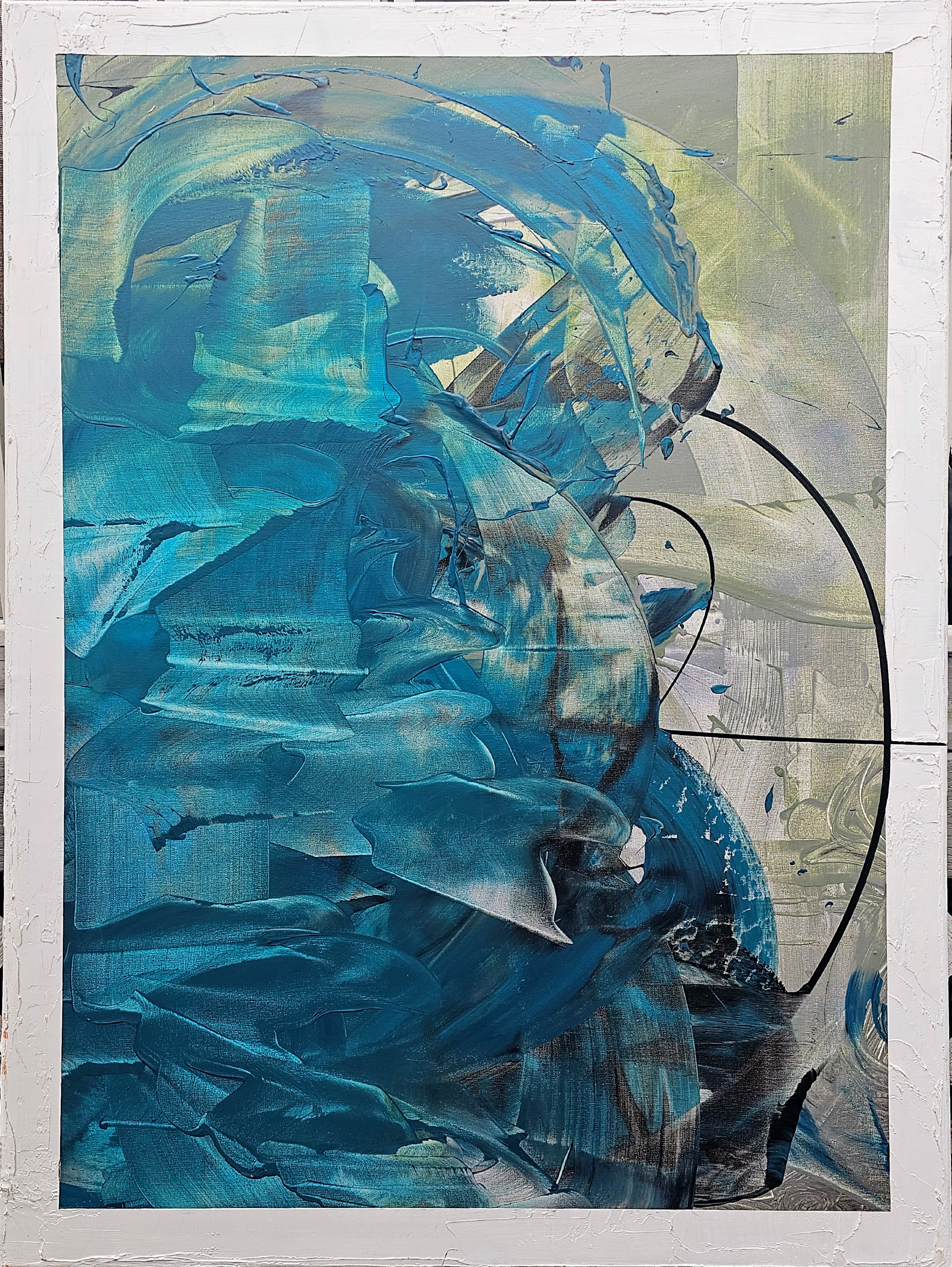 Heavy impasto abstract painting in teal and cerulean blue with black arc on white border by Michael MacDonald